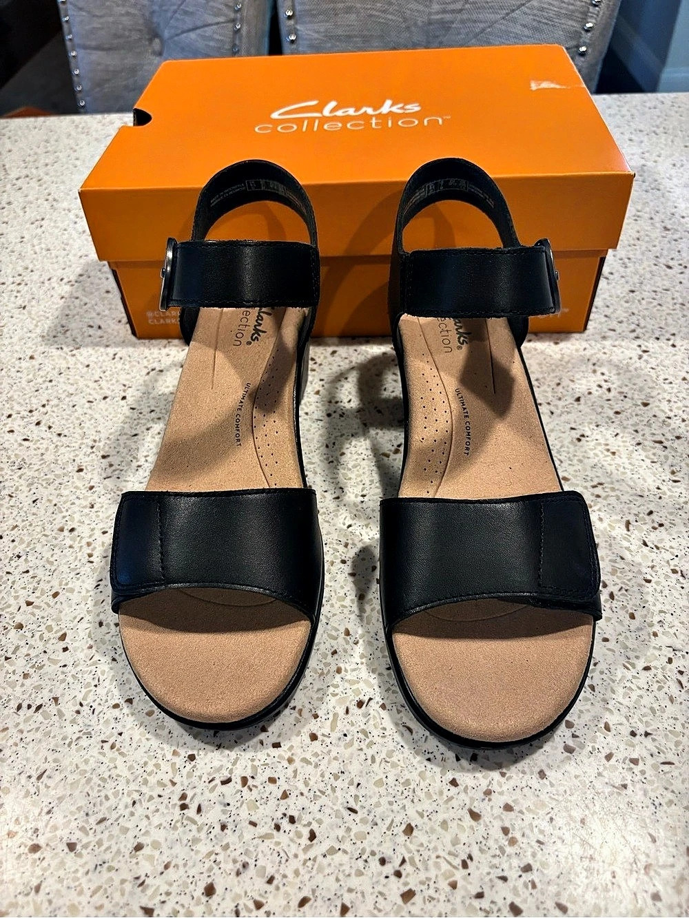 Clarks Emily2 Amanda  Black Block Heel Strap Sandals Size 7 NIB Comfort Sole
